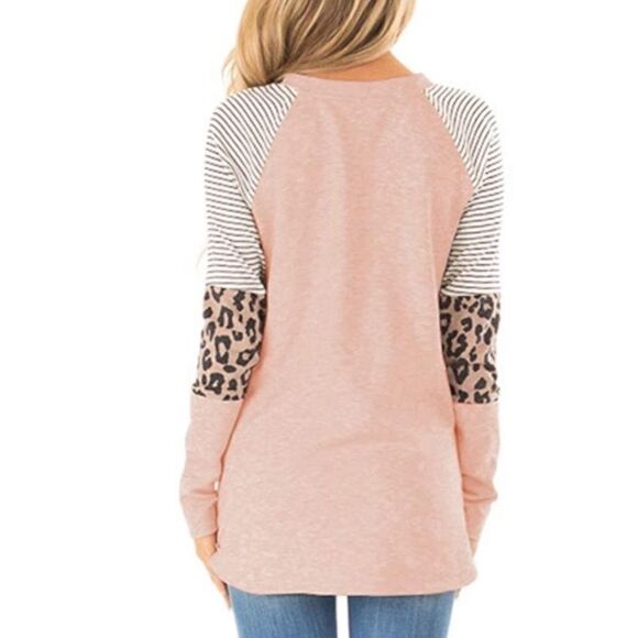 Boho Long Sleeve Leopard Color Block Tunic Shirt Top - Picture 3 of 7